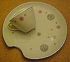 Fifties china snack sets,white pink & grey set for four