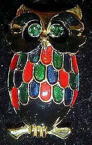 Colorful enamel owl pin with rhinestone eyes