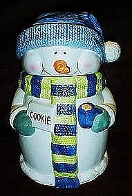 Snow man cookie jar with knit hat and scarf