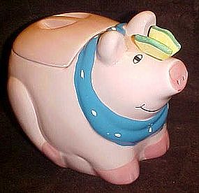 Pink pig with butterfly on nose cookie jar, Coco Dowley