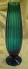 Tall teal blue ribbed optic glass vase