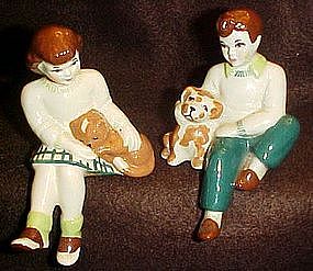 Ceramic Arts Studio sitting boy & puppy & girl with cat