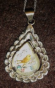 VIntage sterling silver abalone pendant with h/p bird