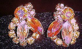 Pink and yellow aurora boralis rhinestone clip earrings
