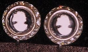Vintage cameo and rhinestone earrings, screw back