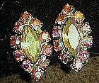 Vintage  pink aurora rhinestone earrings, clip on