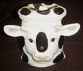 Black and white  ceramic cow head cookie jar