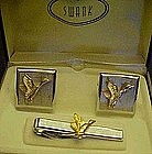 Swank cuff links and tie bar set, Ducks, orig. box