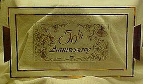 Vintage 50th Anniversary glass tray, teak handles