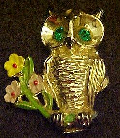 Vintage owl pin with rhinestone eyes