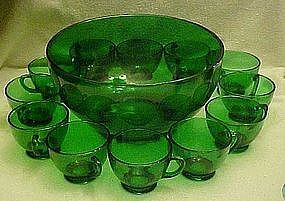 Anchor Hocking forest green punch bowl,  and 12 cups