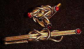 Vintage gold  tie bar and matching cufflinks, red stone
