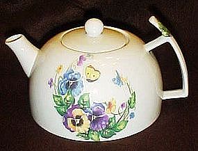 Porcelain teapot, pansies, butterflies, poppies, & bees