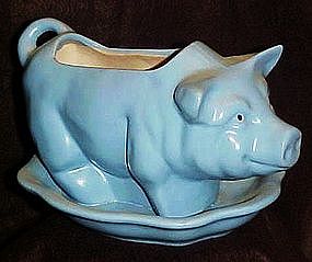 Blue glazed pottery pig planter