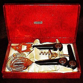 Gold plated ,bakelite bar utensil set, original box