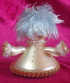 Vintage blown glass girl ornament, fur hair,