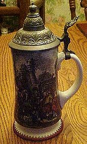 Midevil scene beer stein, pewter lid, by Kurt Hammer