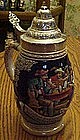 Large German beer stein with pewter lid, Pub scene