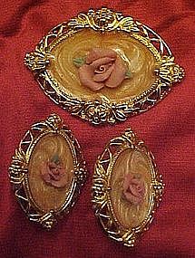 Avon Victoria rose pin and matching clip earrings,1989