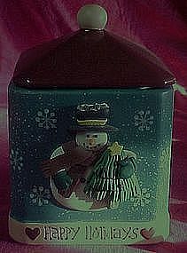 Happy Holidays Snowman cookie jar, freshness seal