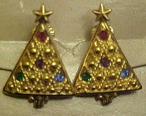 Avon Christmas tree clip earrings, rhinestone accents