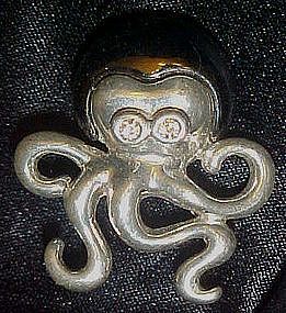 Two tone silver octopus pin, rhinestone eyes