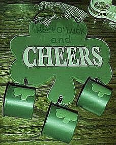 Irish Cheers & Luck, shamrock, wood sign with cups