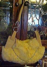 Rabbit fur purse, with pearls and chain
