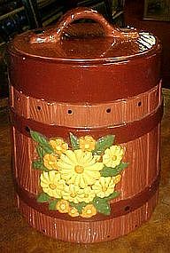 Oaken bucket with flowers  ceramic cookie jar