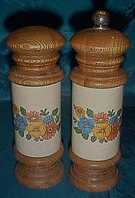 Tall ceramic and wood pepper grinder and salt shaker