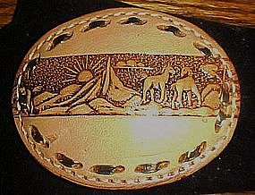 Hand tooled leather belt buckle, with horses