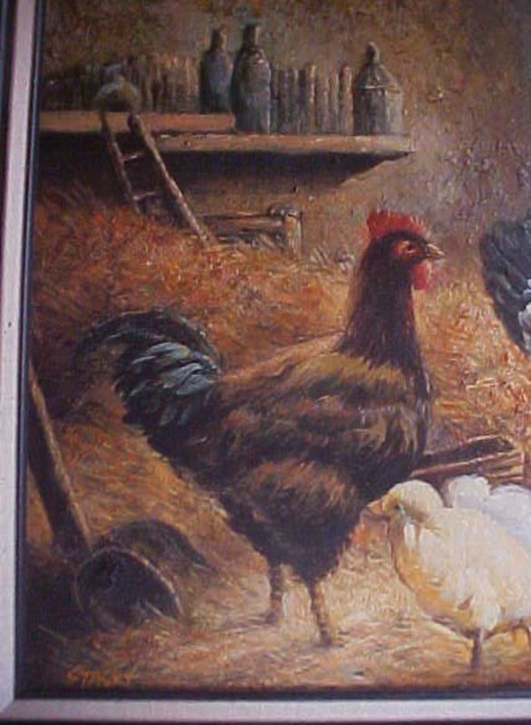 Original framed Andrew Stasky oil painting, Chickens