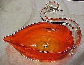 New Martinsville amberina swan dish