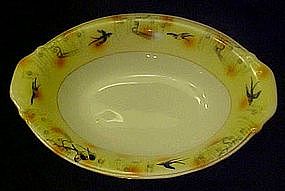 Old hand painted Japan oval bowl, w/ bluebirds swallows