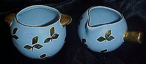 Demi creamer and sugar set possibly Hall, gold leaves