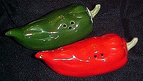 Red and green hot chili pepper, salt and pepper shakers