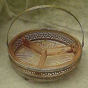 Three section pink  depression glass