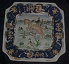 Heavy enameled porcelain hunt scene dish