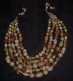 Vintage  yellow 5 strand art glass beads necklace