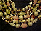 Vintage  yellow 5 strand art glass beads necklace