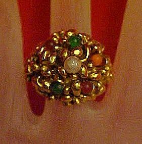 Vintage adjustable ring, antiqued goldtone / stones
