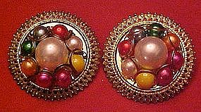 Large vintage button earrings with multi color pearls