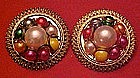 Large vintage button earrings with multi color pearls