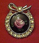 Vintage rhinestone wreath , enamel rose center