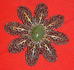 Large vintage filigree flower pin with jade center