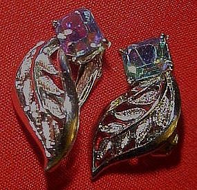 Vintage Coro clip earrings, leafs with aurora stone