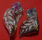 Vintage Coro clip earrings, leafs with aurora stone