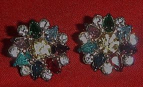 Vintage multi color rhinestone button earrings, pierced