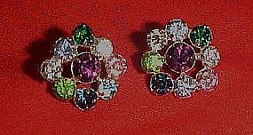 Vintage multi color rhinstone button earrings