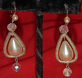 Large pearl dangle earrings with crystal beads, pierced